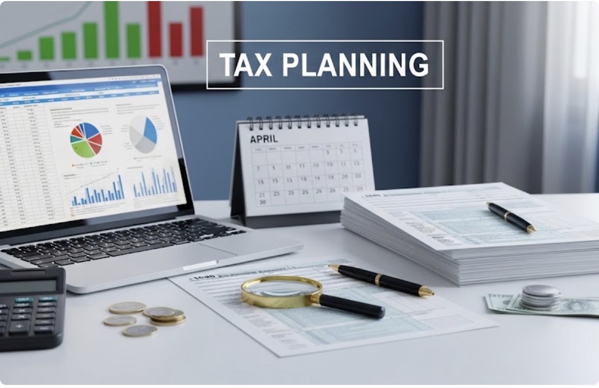 Tax planning workspace with financial charts and documents
